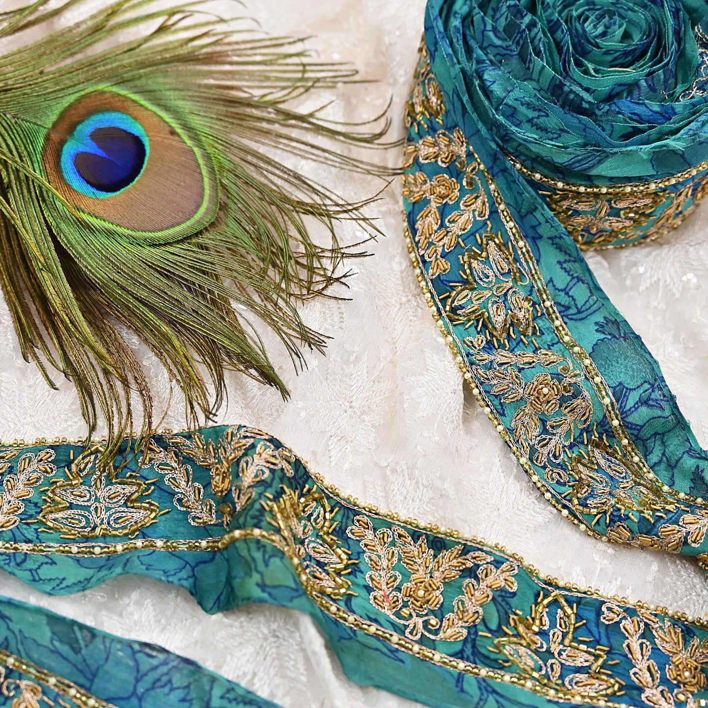 Indian Vintage Green Sari Border Hand Embroidered 1yd Craft Trim Lace Sewing Sari Ribbon Pure Crepe silk  Zardozi/Dabka Zari