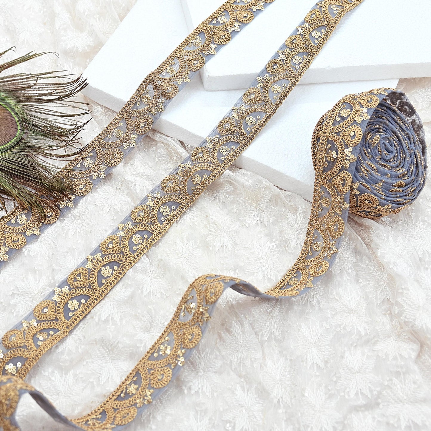 Indian New Net Gray Border 9Yd Embroidered Lace Trim Sewing Craft Ribbon Dress Decor