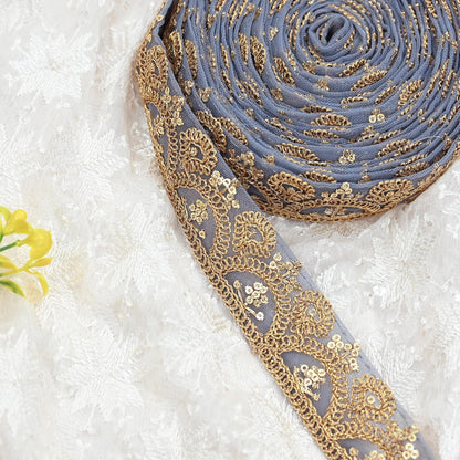 Indian New Net Gray Border 9Yd Embroidered Lace Trim Sewing Craft Ribbon Dress Decor