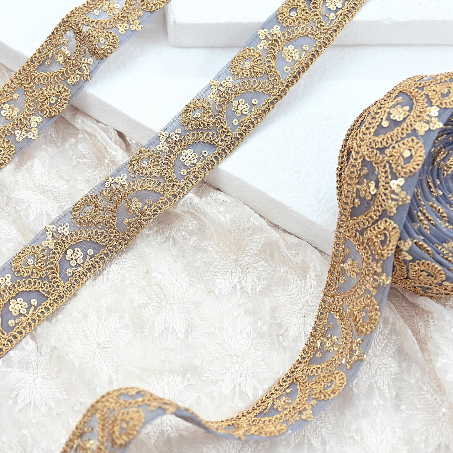 Indian New Net Gray Border 9Yd Embroidered Lace Trim Sewing Craft Ribbon Dress Decor