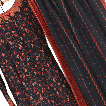 Indian Pre-Owned Black Pure Silk Hand Embroidered Printed Ritu Kumar Designer 2 Piece Suit Set (Kurta + Dupatta)