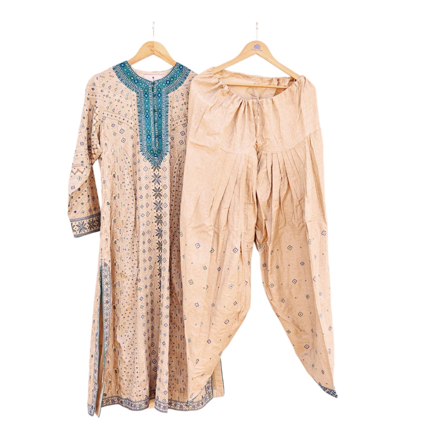 Indian Pre-Owned Vintage Ritu Kumar Beige Khadi Silk Suit Set Hand Embroidered Kurta Salwar Designer Ethnic Festive Wear
