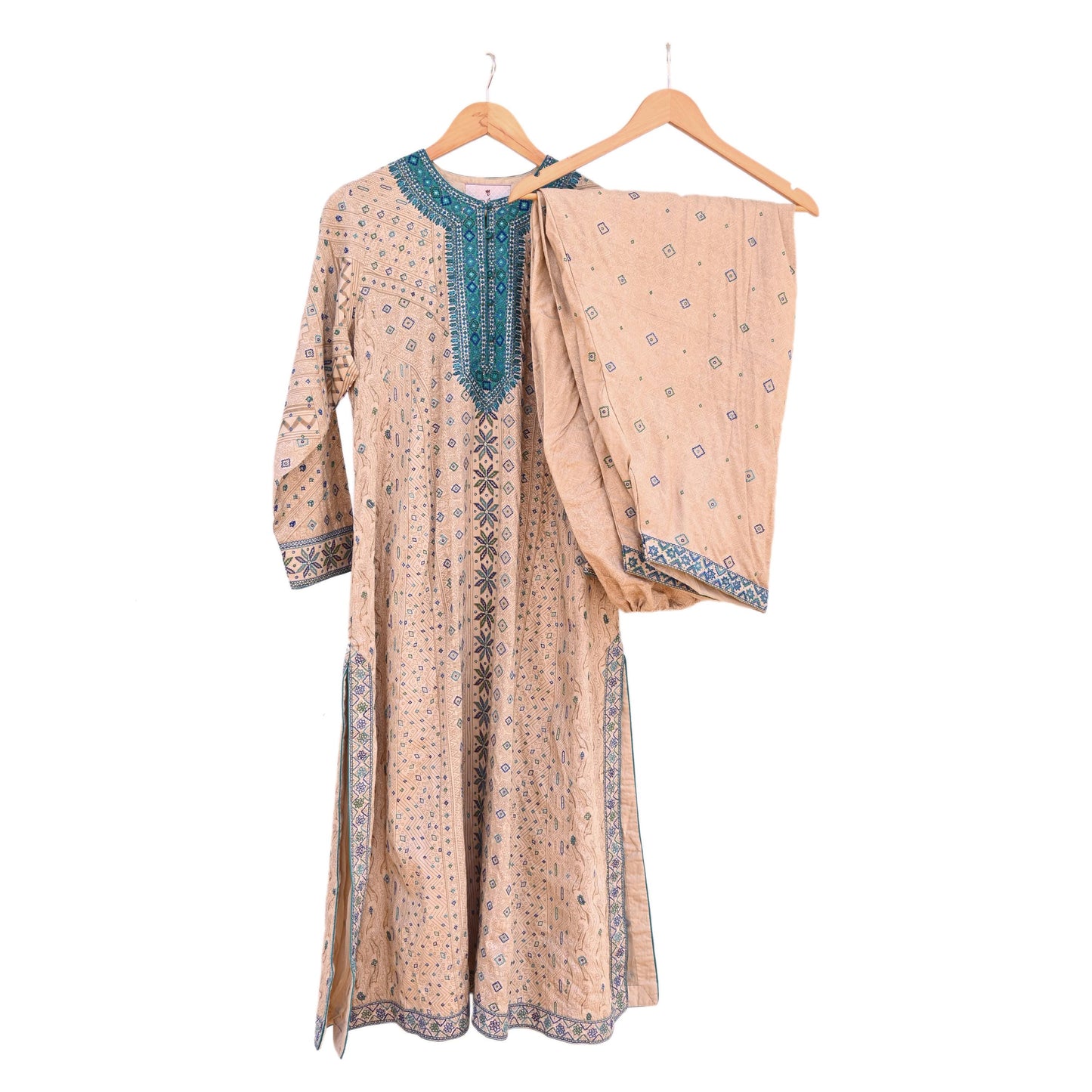 Indian Pre-Owned Vintage Ritu Kumar Beige Khadi Silk Suit Set Hand Embroidered Kurta Salwar Designer Ethnic Festive Wear