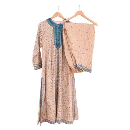 Indian Pre-Owned Vintage Ritu Kumar Beige Khadi Silk Suit Set Hand Embroidered Kurta Salwar Designer Ethnic Festive Wear