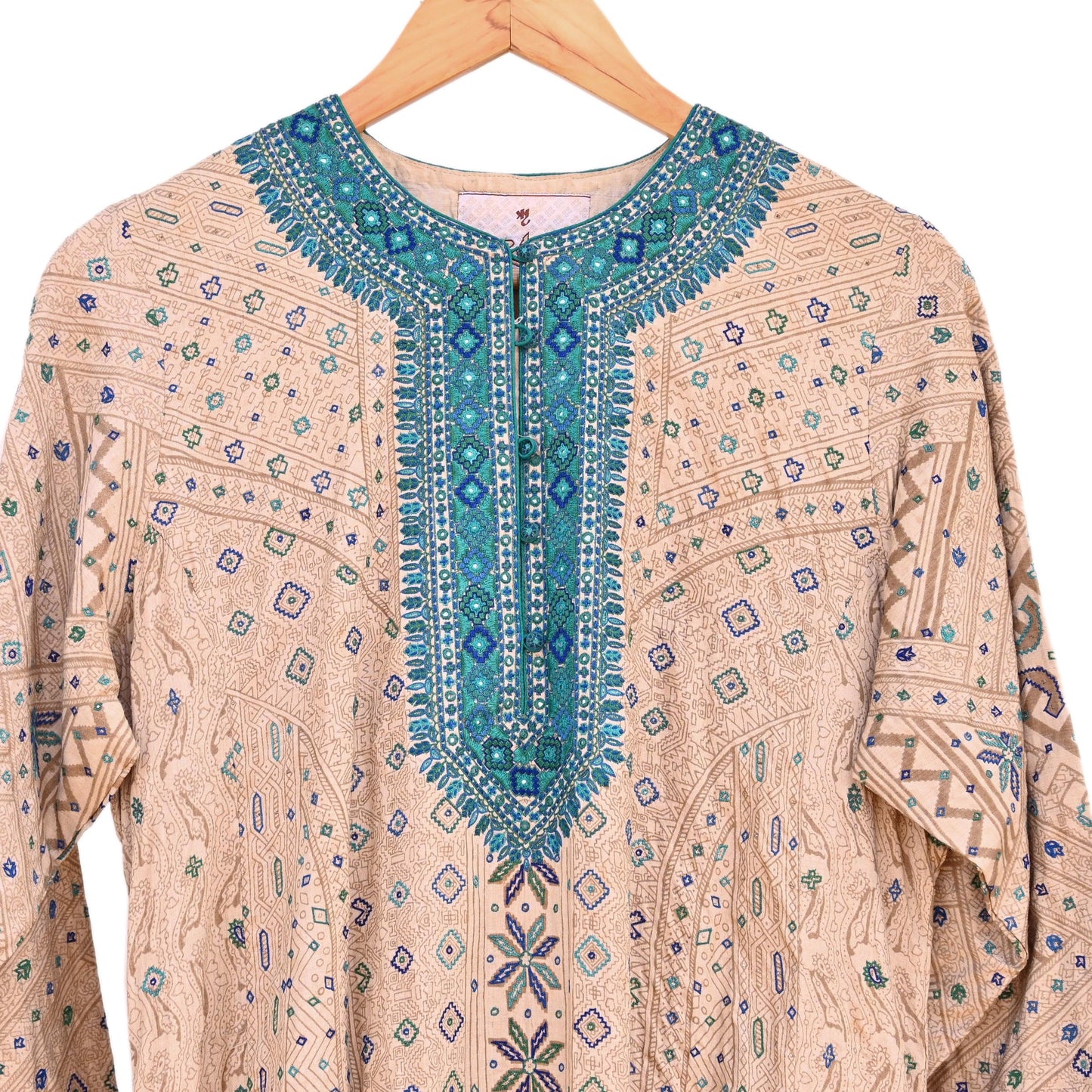 Indian Pre-Owned Vintage Ritu Kumar Beige Khadi Silk Suit Set Hand Embroidered Kurta Salwar Designer Ethnic Festive Wear