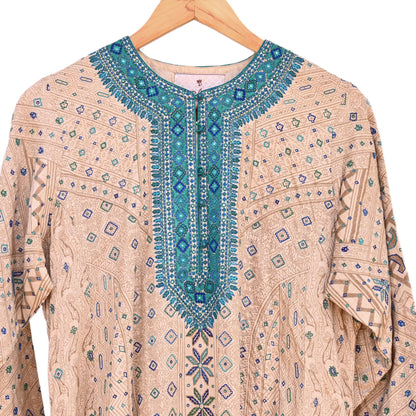 Indian Pre-Owned Vintage Ritu Kumar Beige Khadi Silk Suit Set Hand Embroidered Kurta Salwar Designer Ethnic Festive Wear