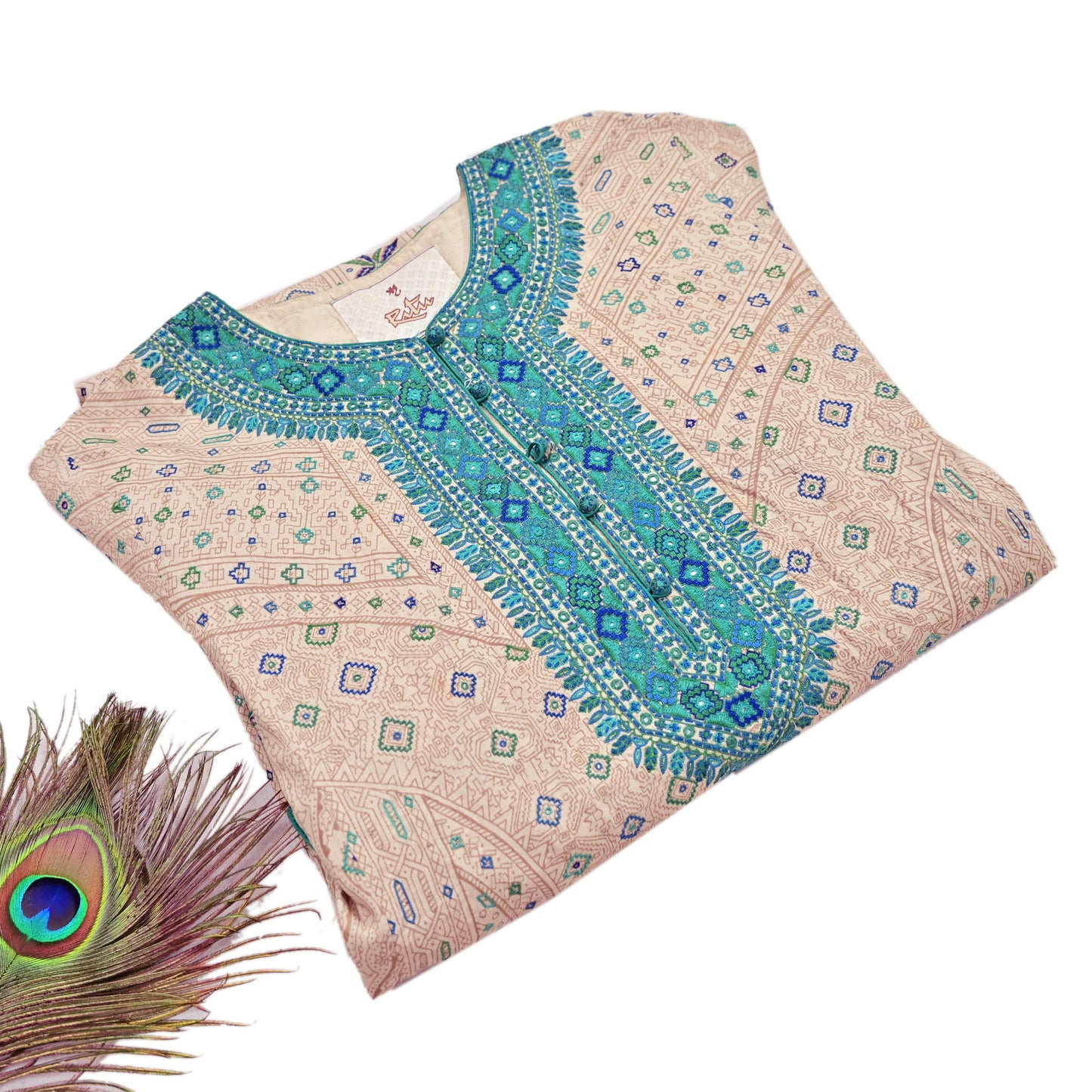 Indian Pre-Owned Vintage Ritu Kumar Beige Khadi Silk Suit Set Hand Embroidered Kurta Salwar Designer Ethnic Festive Wear
