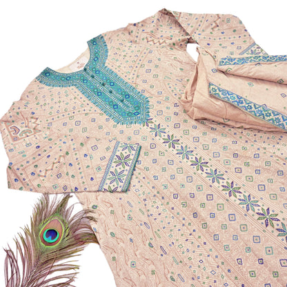Indian Pre-Owned Vintage Ritu Kumar Beige Khadi Silk Suit Set Hand Embroidered Kurta Salwar Designer Ethnic Festive Wear