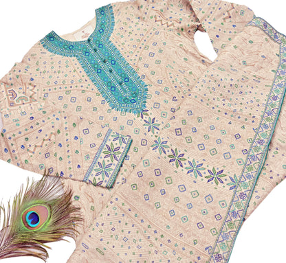 Indian Pre-Owned Vintage Ritu Kumar Beige Khadi Silk Suit Set Hand Embroidered Kurta Salwar Designer Ethnic Festive Wear