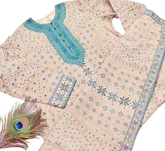 Indian Pre-Owned Vintage Ritu Kumar Beige Khadi Silk Suit Set Hand Embroidered Kurta Salwar Designer Ethnic Festive Wear