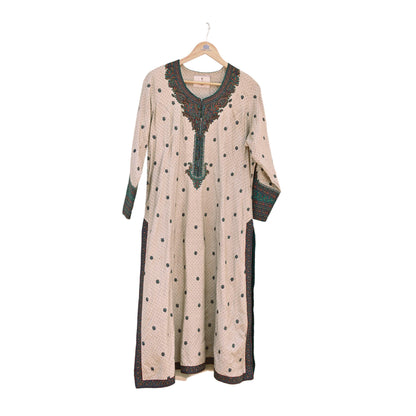 Indian Pre-Owned Vintage Ritu Kumar Beige Khadi Silk Suit Set Hand Embroidered Kurta Salwar Designer Ethnic Festive Wear