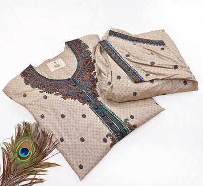 Indian Pre-Owned Vintage Ritu Kumar Beige Khadi Silk Suit Set Hand Embroidered Kurta Salwar Designer Ethnic Festive Wear