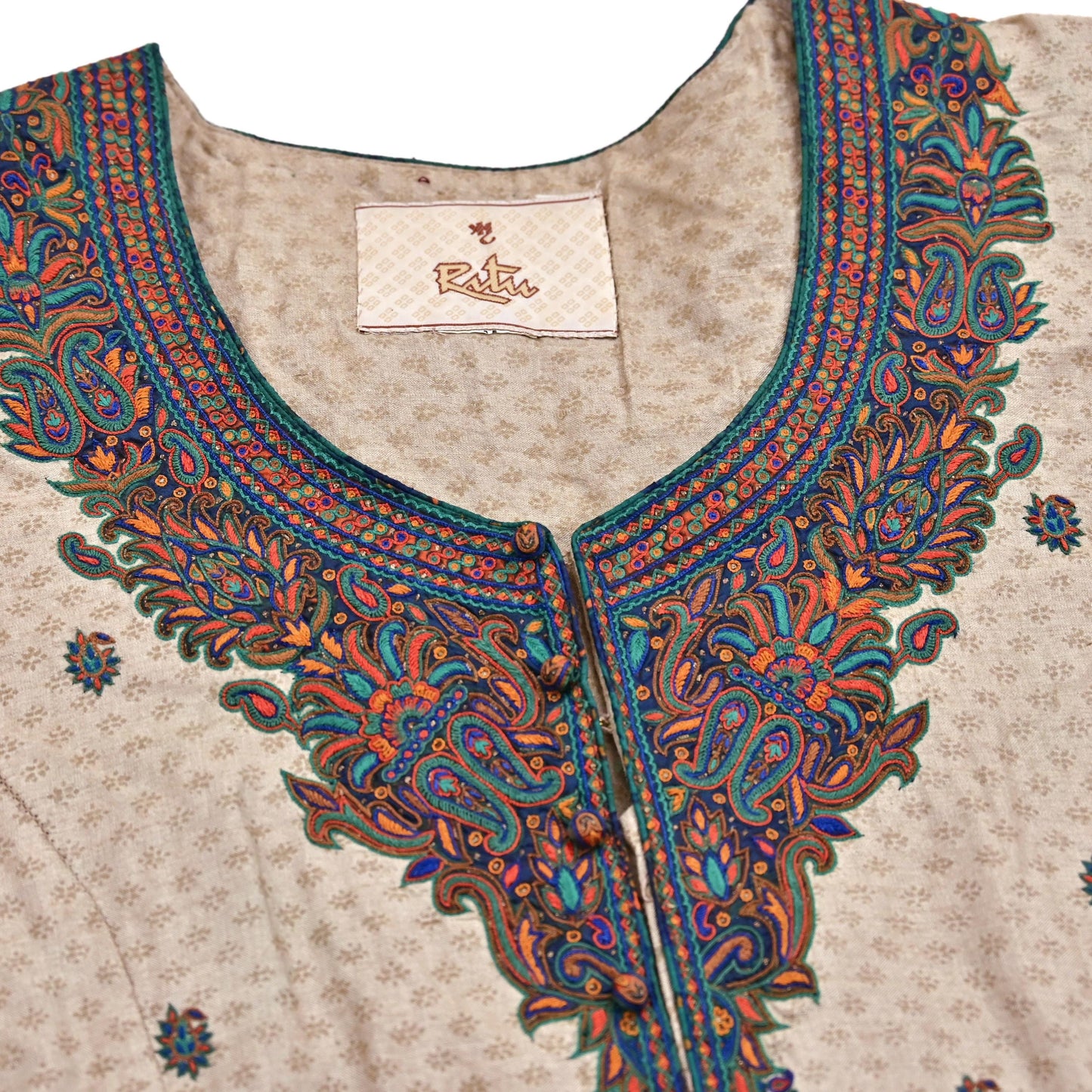 Indian Pre-Owned Vintage Ritu Kumar Beige Khadi Silk Suit Set Hand Embroidered Kurta Salwar Designer Ethnic Festive Wear