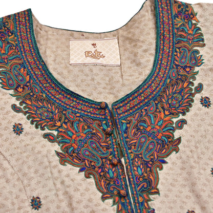 Indian Pre-Owned Vintage Ritu Kumar Beige Khadi Silk Suit Set Hand Embroidered Kurta Salwar Designer Ethnic Festive Wear