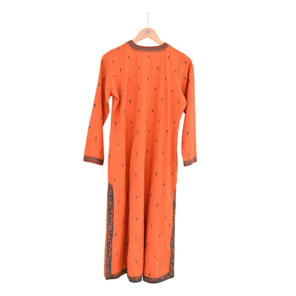 Indian Vintage Ritu Kumar Orange Pure Silk Long Kurta Hand Embroidered Designer Ethnic Festive Party Wear Tunic