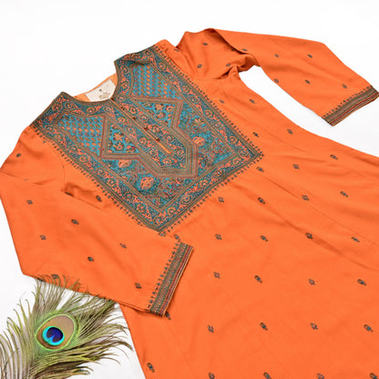 Indian Vintage Ritu Kumar Orange Pure Silk Long Kurta Hand Embroidered Designer Ethnic Festive Party Wear Tunic