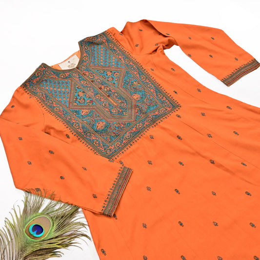 Indian Vintage Ritu Kumar Orange Pure Silk Long Kurta Hand Embroidered Designer Ethnic Festive Party Wear Tunic