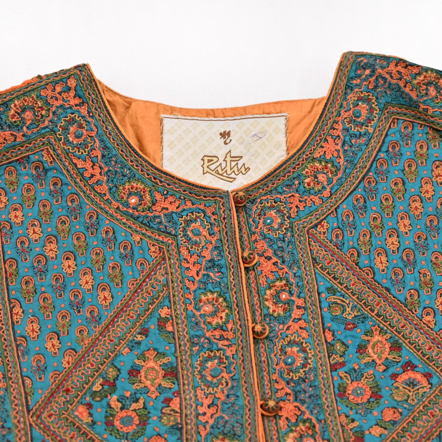 Indian Vintage Ritu Kumar Orange Pure Silk Long Kurta Hand Embroidered Designer Ethnic Festive Party Wear Tunic