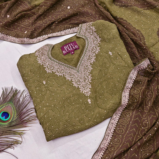 Indian Pre-Owned Green Pure Silk Hand Embroidered Ritu Kumar Designer 2 Piece Suit Set (Kurta + Dupatta)