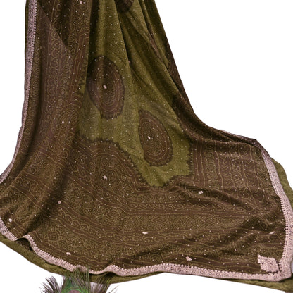 Indian Pre-Owned Green Pure Silk Hand Embroidered Ritu Kumar Designer 2 Piece Suit Set (Kurta + Dupatta)