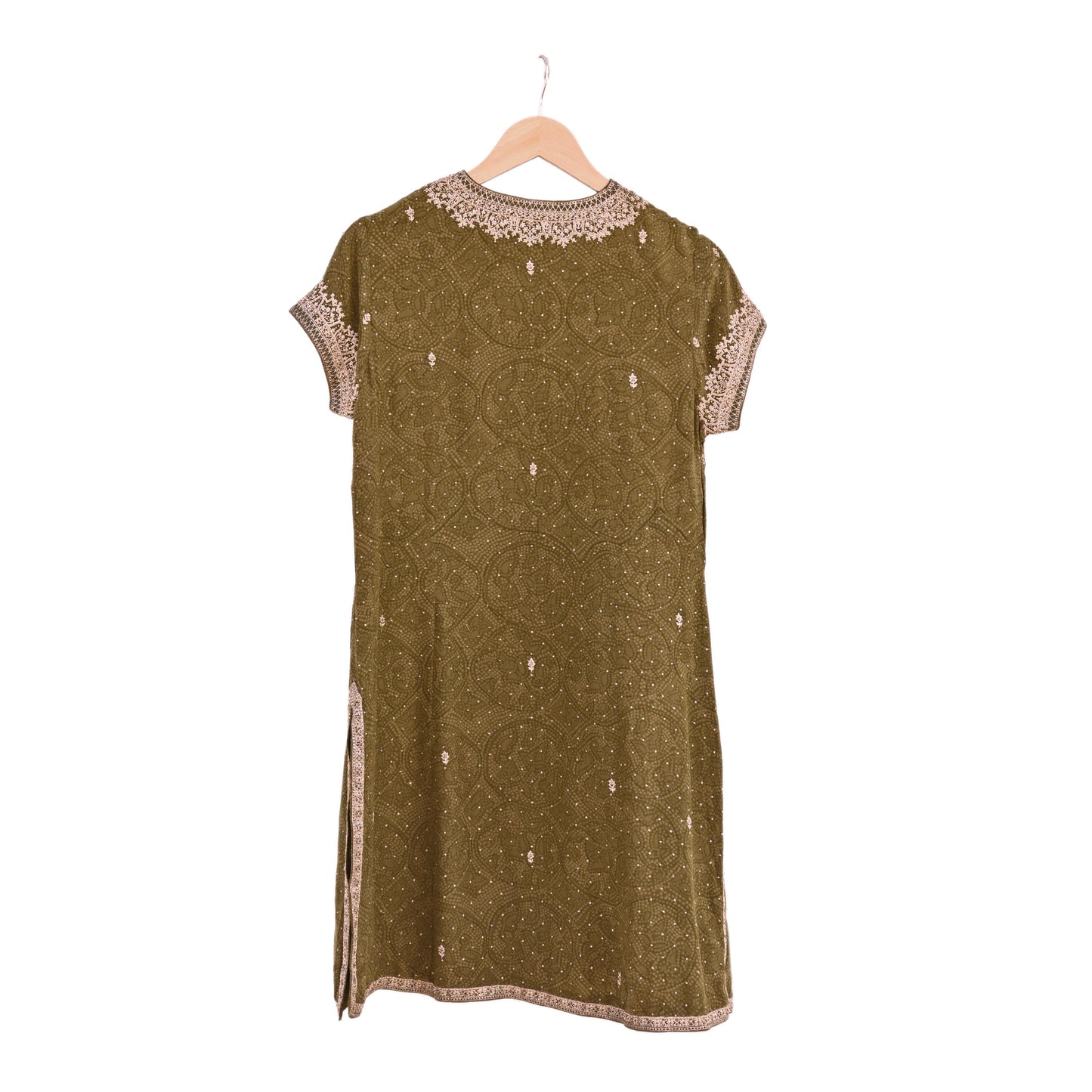 Indian Pre-Owned Green Pure Silk Hand Embroidered Ritu Kumar Designer 2 Piece Suit Set (Kurta + Dupatta)