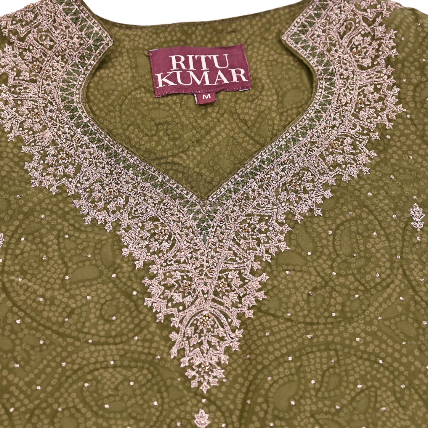 Indian Pre-Owned Green Pure Silk Hand Embroidered Ritu Kumar Designer 2 Piece Suit Set (Kurta + Dupatta)