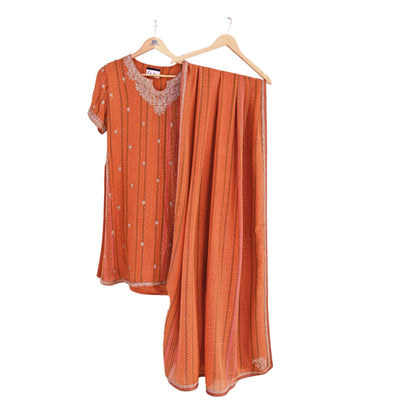 Indian Pre-Owned Saffron & Orange Pure Silk Hand Embroidered Ritu Kumar Designer 2 Piece Suit Set (Kurta + Dupatta)