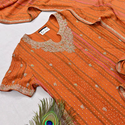 Indian Pre-Owned Saffron & Orange Pure Silk Hand Embroidered Ritu Kumar Designer 2 Piece Suit Set (Kurta + Dupatta)