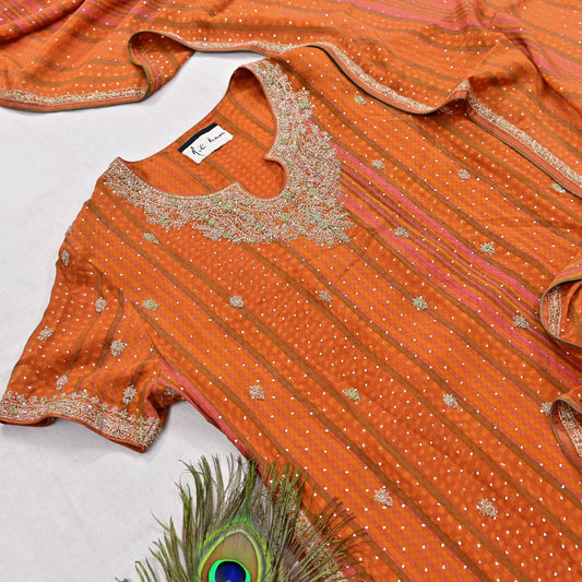 Indian Pre-Owned Saffron & Orange Pure Silk Hand Embroidered Ritu Kumar Designer 2 Piece Suit Set (Kurta + Dupatta)