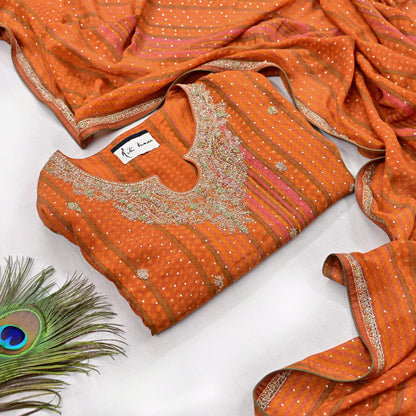 Indian Pre-Owned Saffron & Orange Pure Silk Hand Embroidered Ritu Kumar Designer 2 Piece Suit Set (Kurta + Dupatta)