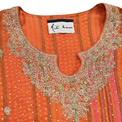 Indian Pre-Owned Saffron & Orange Pure Silk Hand Embroidered Ritu Kumar Designer 2 Piece Suit Set (Kurta + Dupatta)