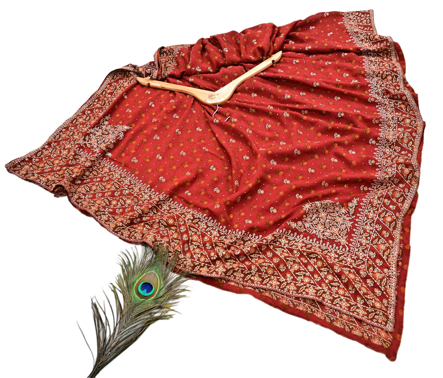 Indian Pre-Owned Rusty Red Pure Silk Hand Embroidered Ritu Kumar Designer 3 Piece Suit Set (Kurta + Dupatta + Salwar)