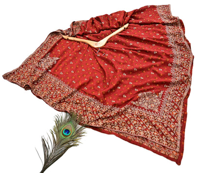 Indian Pre-Owned Rusty Red Pure Silk Hand Embroidered Ritu Kumar Designer 3 Piece Suit Set (Kurta + Dupatta + Salwar)