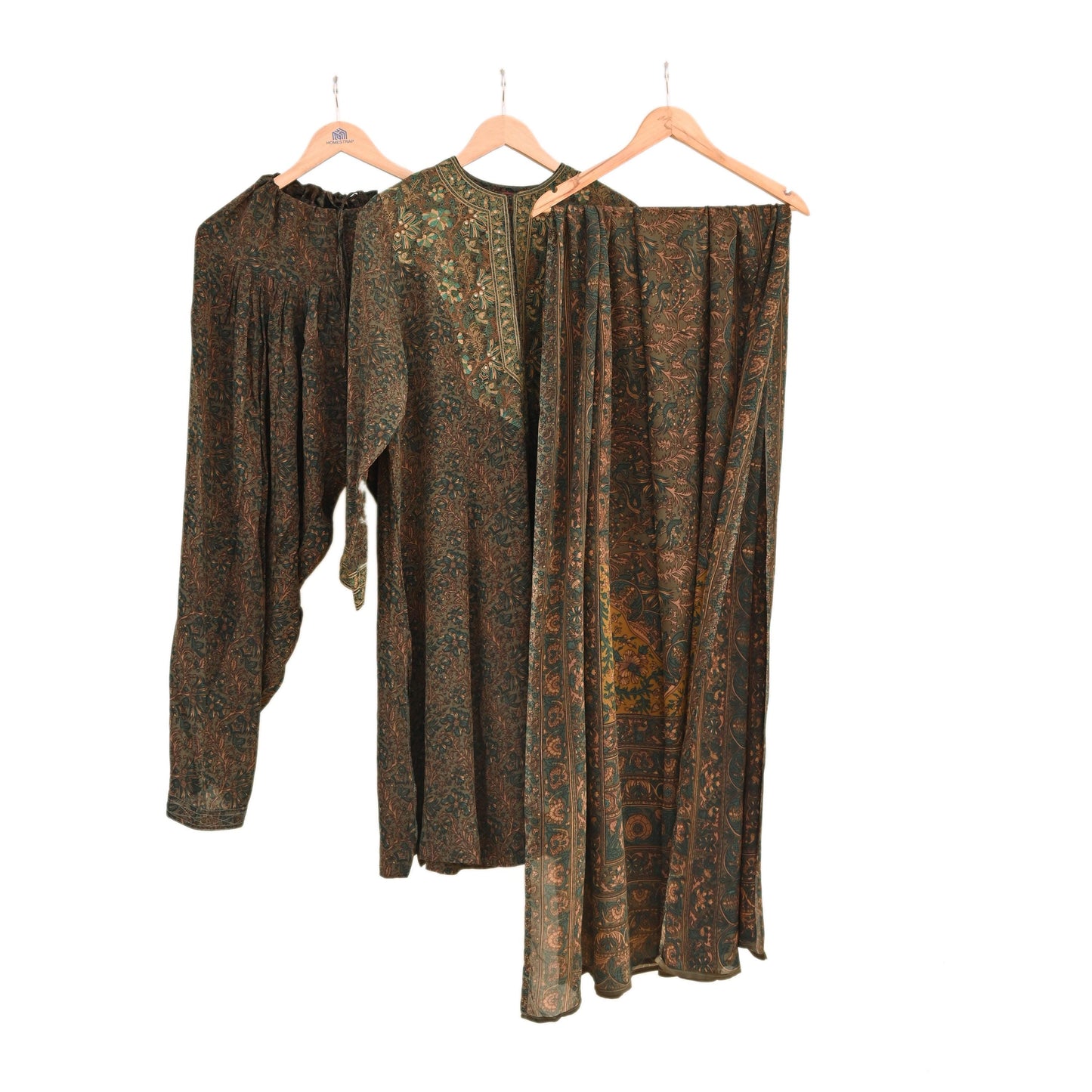 Indian Pre-Owned Green Pure Silk Hand Embroidered Printed Ritu Kumar Designer 3 Piece Suit Set (Kurta + Dupatta + Salwar)