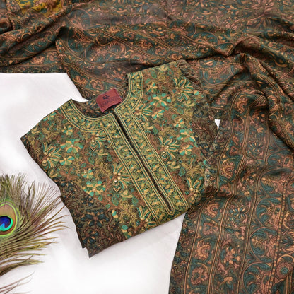 Indian Pre-Owned Green Pure Silk Hand Embroidered Printed Ritu Kumar Designer 3 Piece Suit Set (Kurta + Dupatta + Salwar)