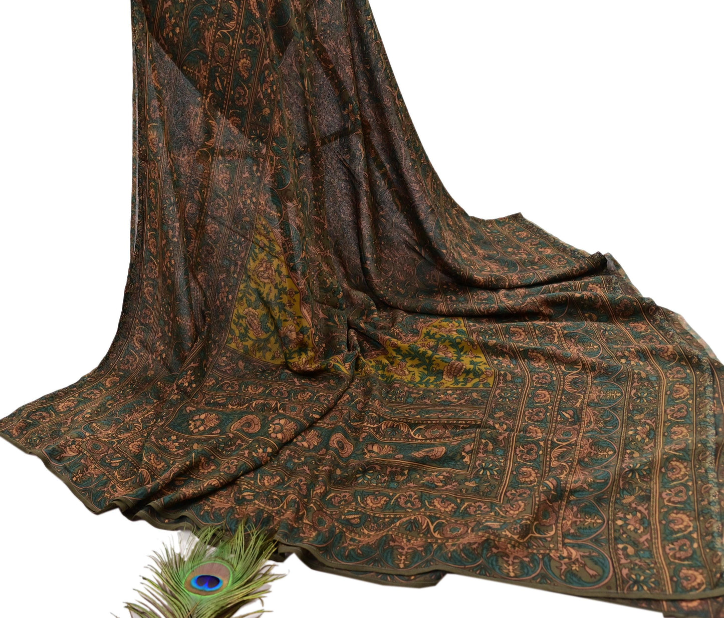 Indian Pre-Owned Green Pure Silk Hand Embroidered Printed Ritu Kumar Designer 3 Piece Suit Set (Kurta + Dupatta + Salwar)