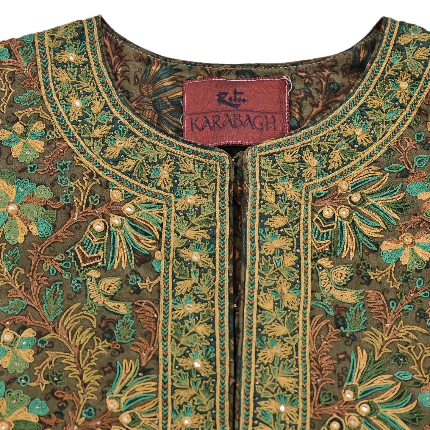 Indian Pre-Owned Green Pure Silk Hand Embroidered Printed Ritu Kumar Designer 3 Piece Suit Set (Kurta + Dupatta + Salwar)