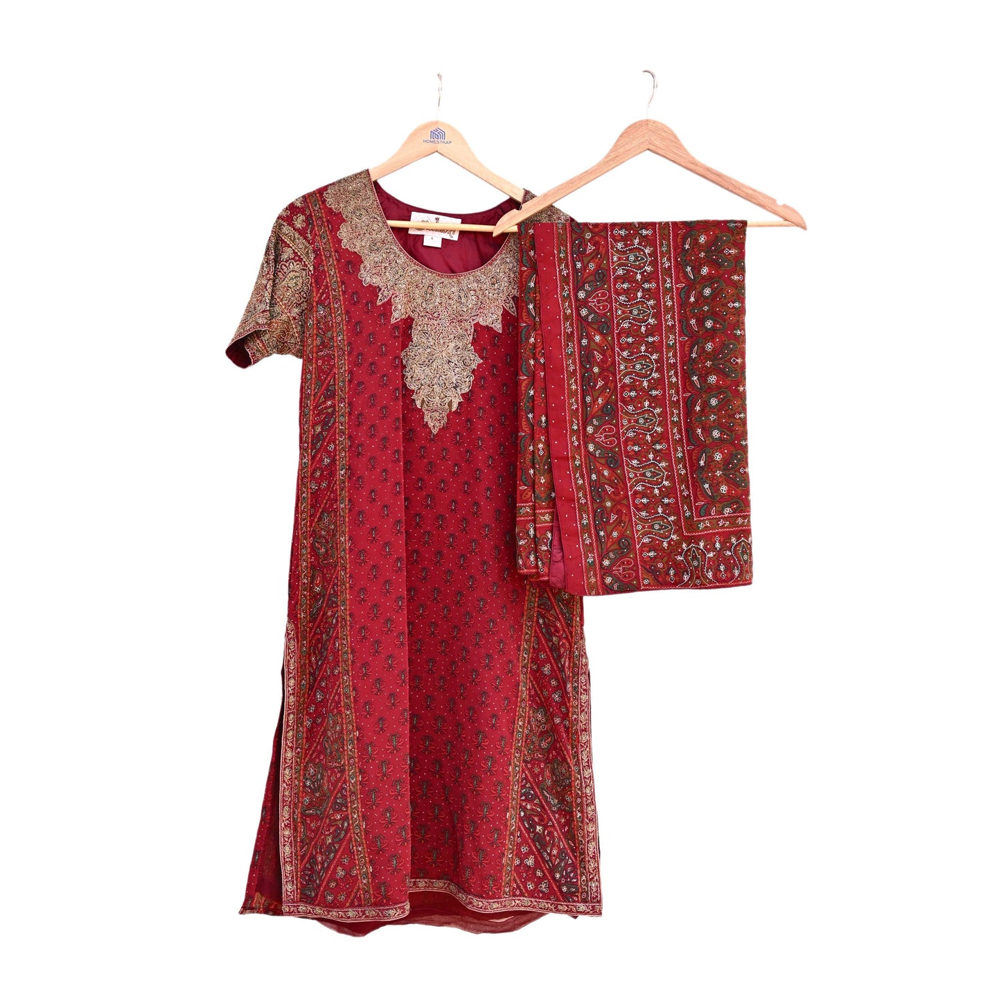 Indian Pre-Owned Red Pure Silk Hand Embroidered Ritu Kumar Designer 2 Piece Suit Set (Kurta + Dupatta)