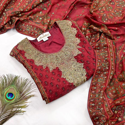 Indian Pre-Owned Red Pure Silk Hand Embroidered Ritu Kumar Designer 2 Piece Suit Set (Kurta + Dupatta)