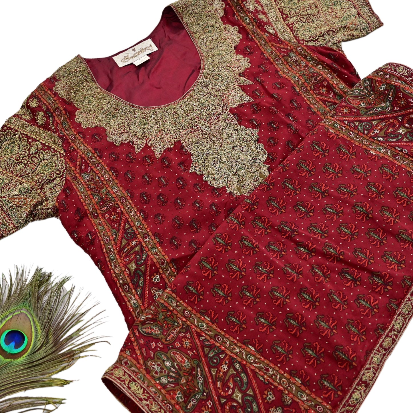 Indian Pre-Owned Red Pure Silk Hand Embroidered Ritu Kumar Designer 2 Piece Suit Set (Kurta + Dupatta)