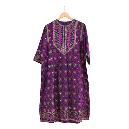 Indian Vintage Ritu Kumar Purple Pure Silk Long Kurta Hand Embroidered Designer Ethnic Festive Party Wear Tunic