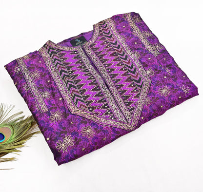 Indian Vintage Ritu Kumar Purple Pure Silk Long Kurta Hand Embroidered Designer Ethnic Festive Party Wear Tunic