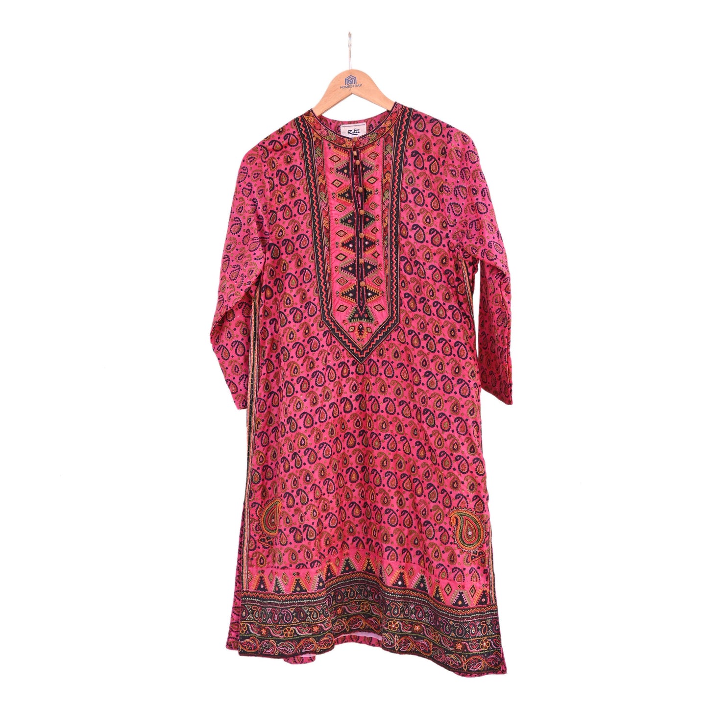 Indian Pre-Owned Pink & Black Pure Silk Hand Embroidered Printed Ritu Kumar Designer 2 Piece Suit Set (Kurta + Dupatta)