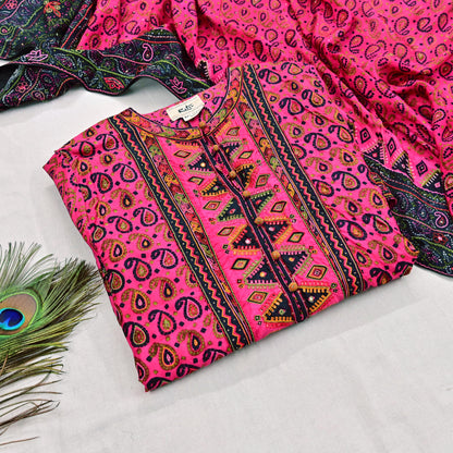 Indian Pre-Owned Pink & Black Pure Silk Hand Embroidered Printed Ritu Kumar Designer 2 Piece Suit Set (Kurta + Dupatta)
