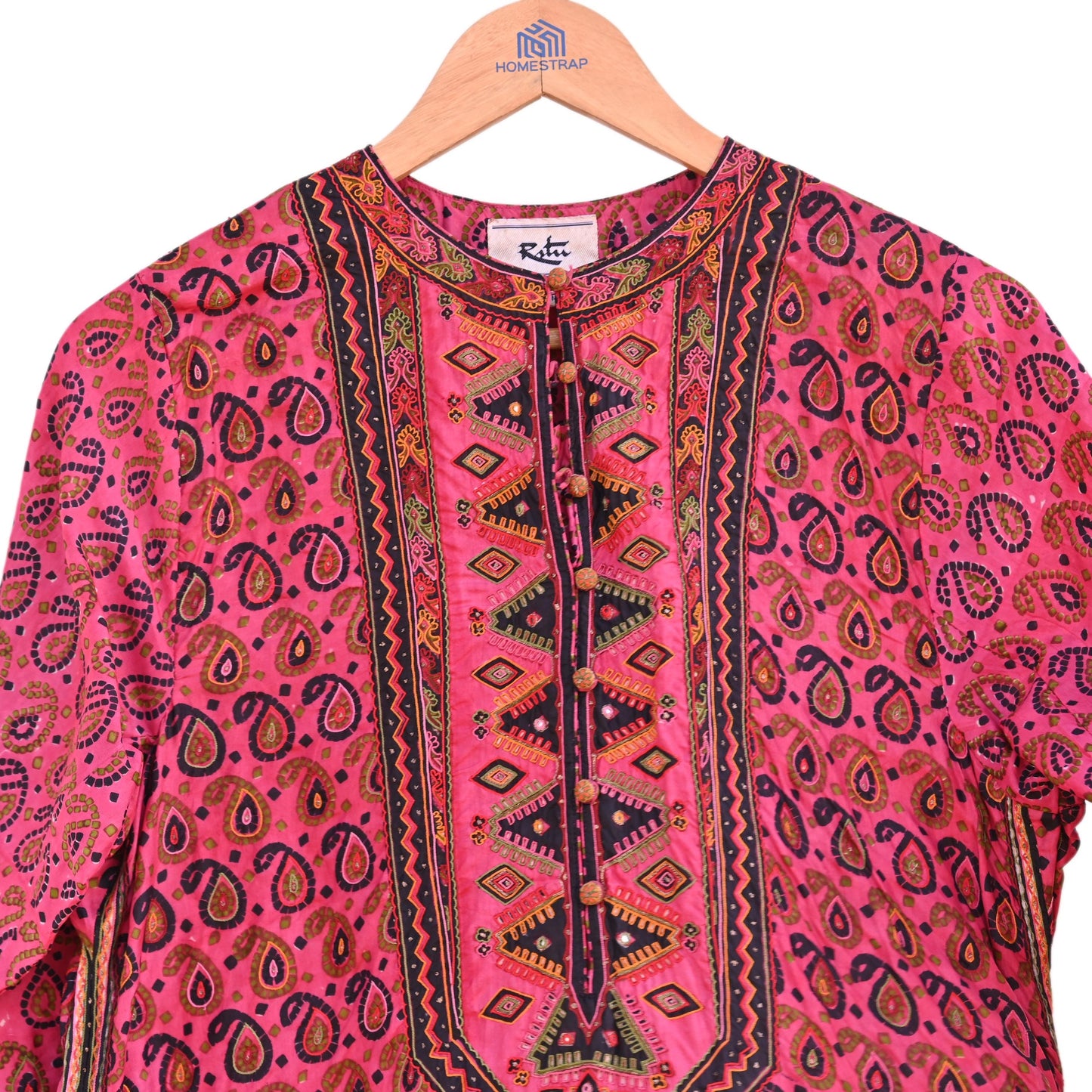Indian Pre-Owned Pink & Black Pure Silk Hand Embroidered Printed Ritu Kumar Designer 2 Piece Suit Set (Kurta + Dupatta)