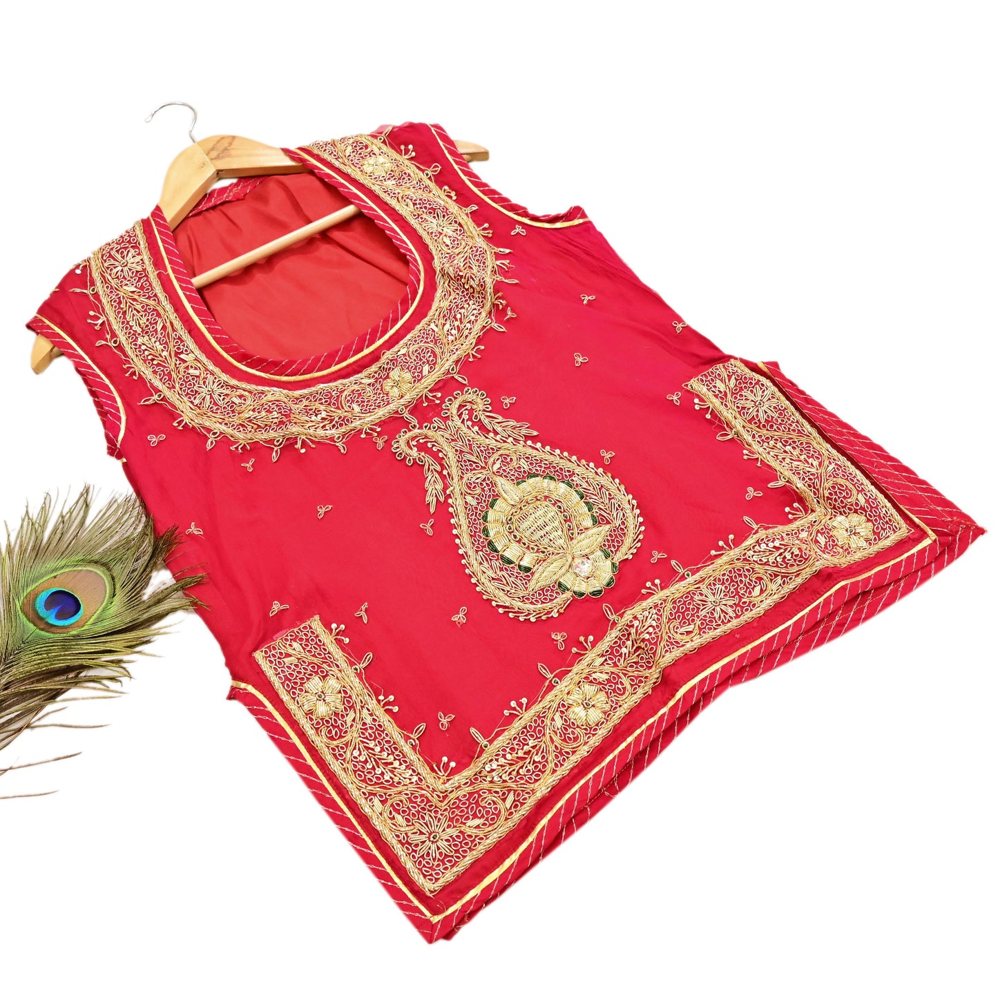 Indian Pre-owned Red Pure Chiffon Silk Hand Embroidered Rajputani Phoshak Blouse/Top/Crop Party wear Bollywood
