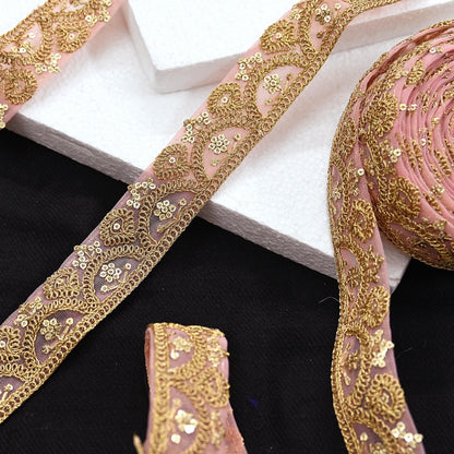 Indian New Net Pink Border 9Yd Embroidered Lace Trim Sewing Craft Ribbon Dress Decor