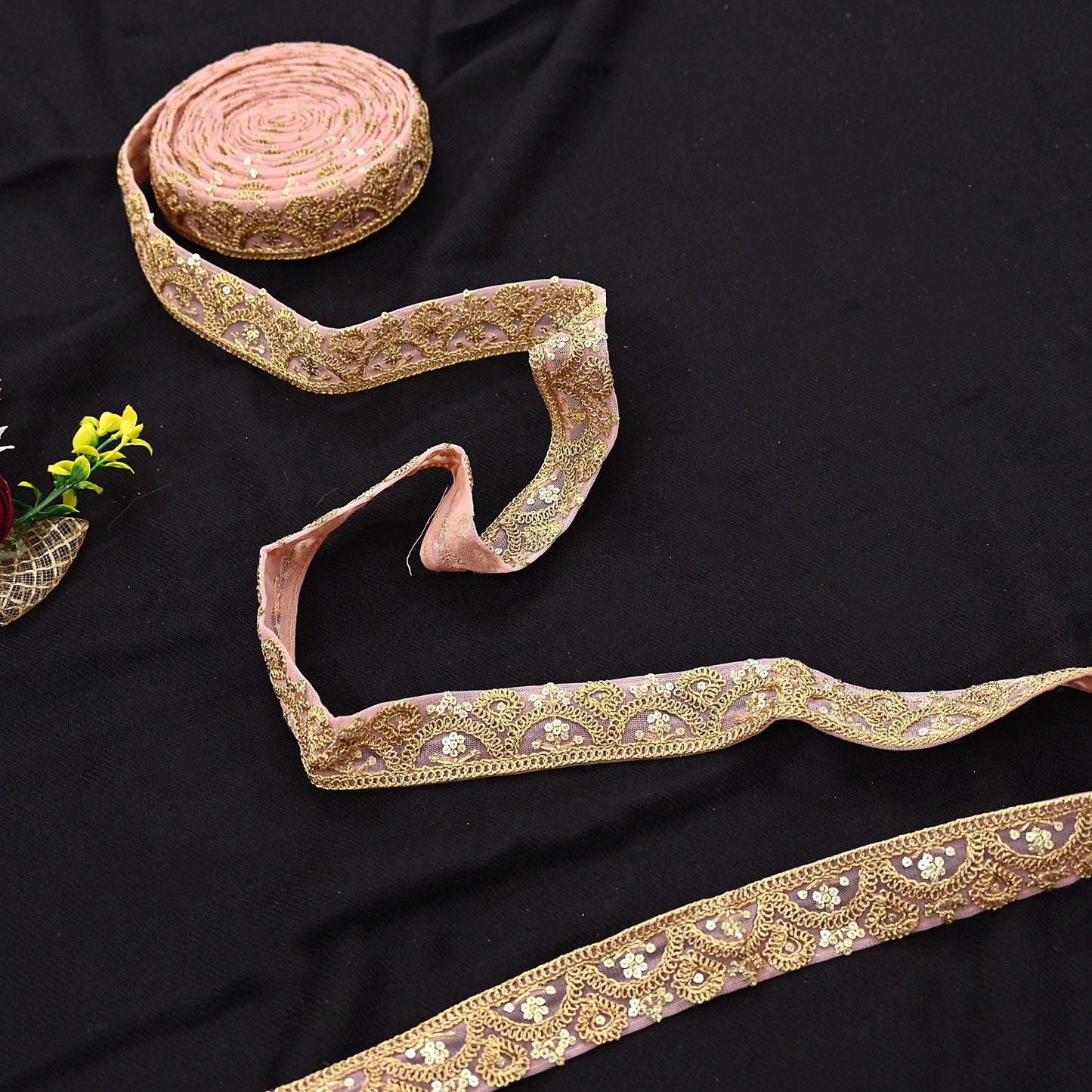 Indian New Net Pink Border 9Yd Embroidered Lace Trim Sewing Craft Ribbon Dress Decor
