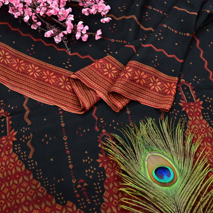 Indian Vintage Heavy Black Dupatta Pure Crepe Silk Long Stole Hand Embroidered Printed Designer By Ritu Kumar Scarves Scarf Zari