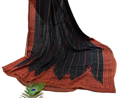 Indian Vintage Heavy Black Dupatta Pure Crepe Silk Long Stole Hand Embroidered Printed Designer By Ritu Kumar Scarves Scarf Zari